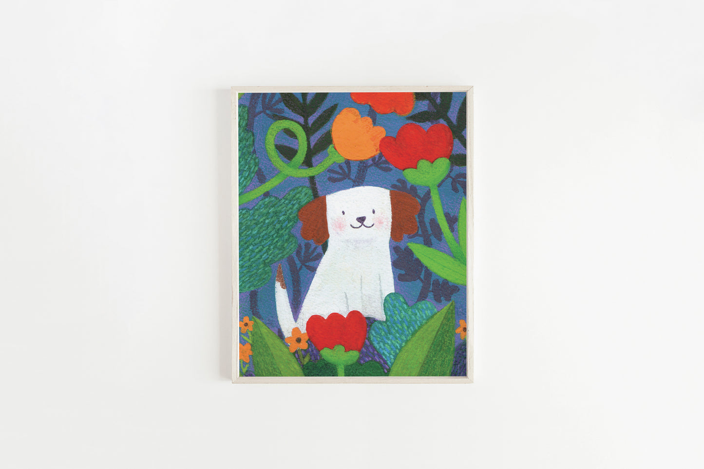 Illustrated Dog with Flowers Art Print