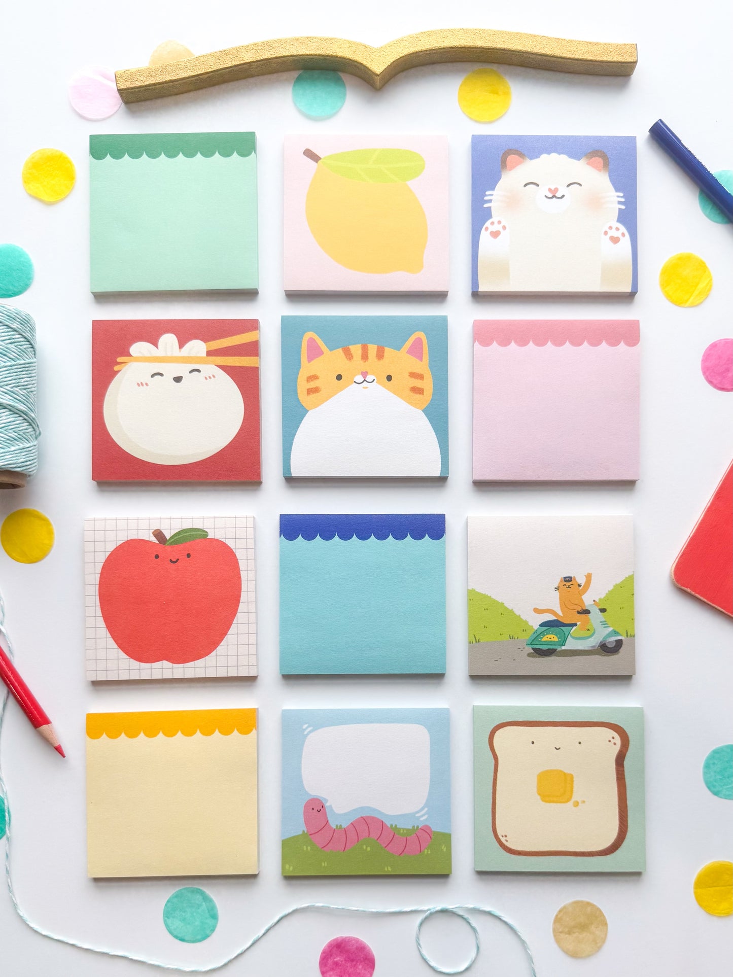 Set of colorful sticky notes with cute illustrations drawn by Lindsy Liu of Happy Little Paper co on a white background.