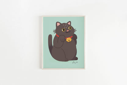 Black Lucky Cat Art Print