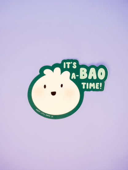 Vinyl Sticker-It’s A-Bao Time  (Food, Asian, Pun, Dumpling, Smiley)