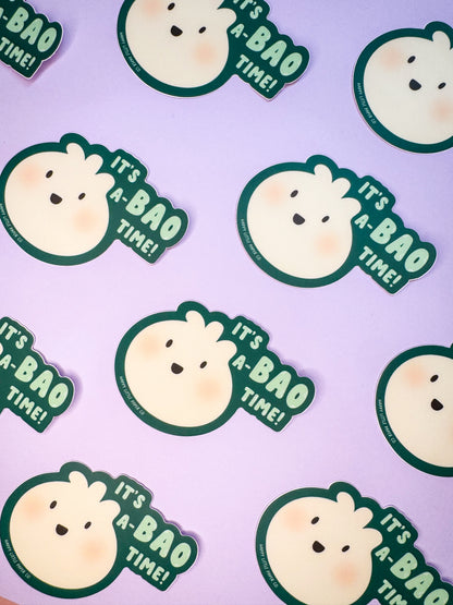Vinyl Sticker-It’s A-Bao Time  (Food, Asian, Pun, Dumpling, Smiley)