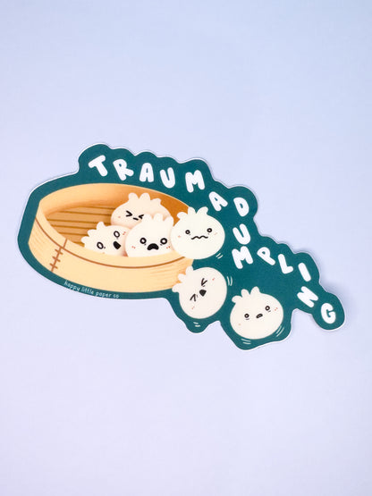 Vinyl Sticker-Trauma Dumpling (Food, Asian, Pun, Funny)
